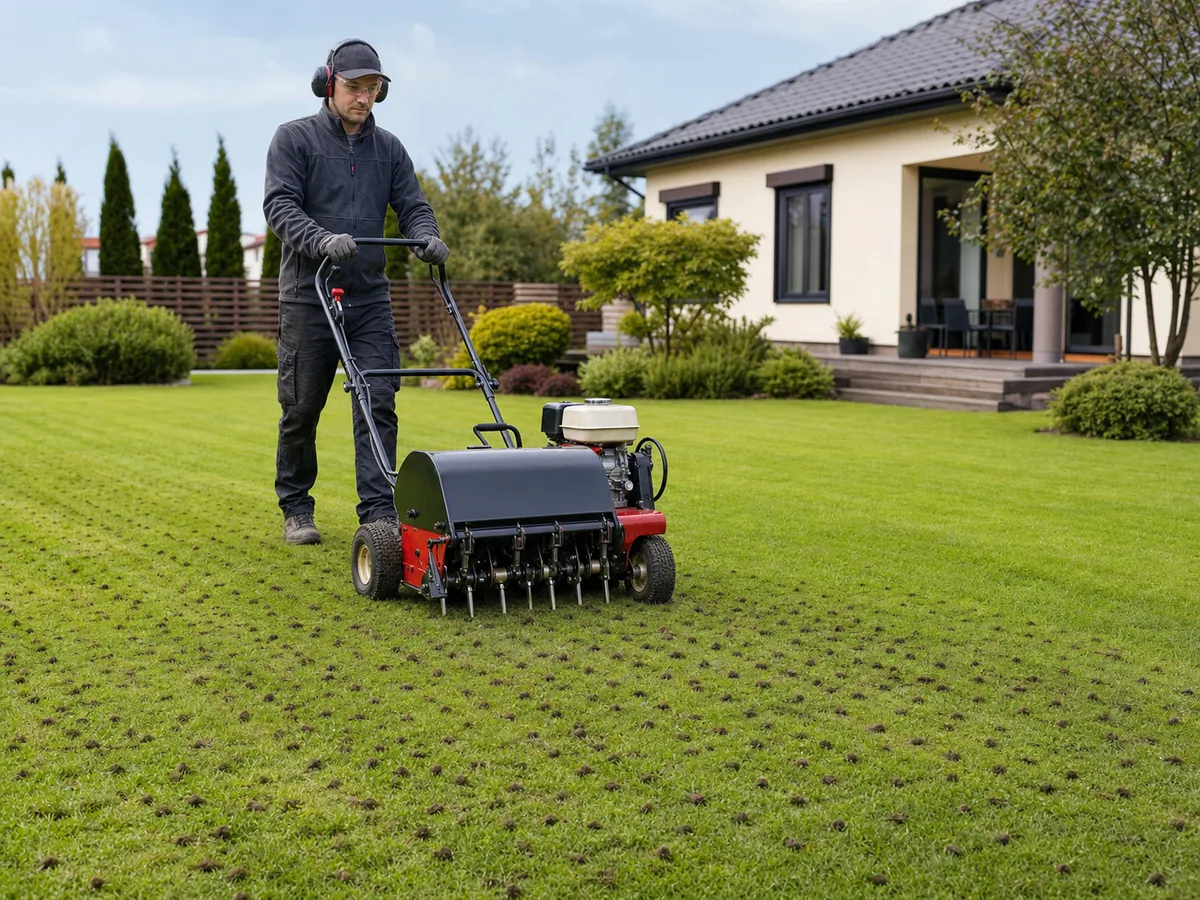 Aerator podczas napowietrzania trawnika