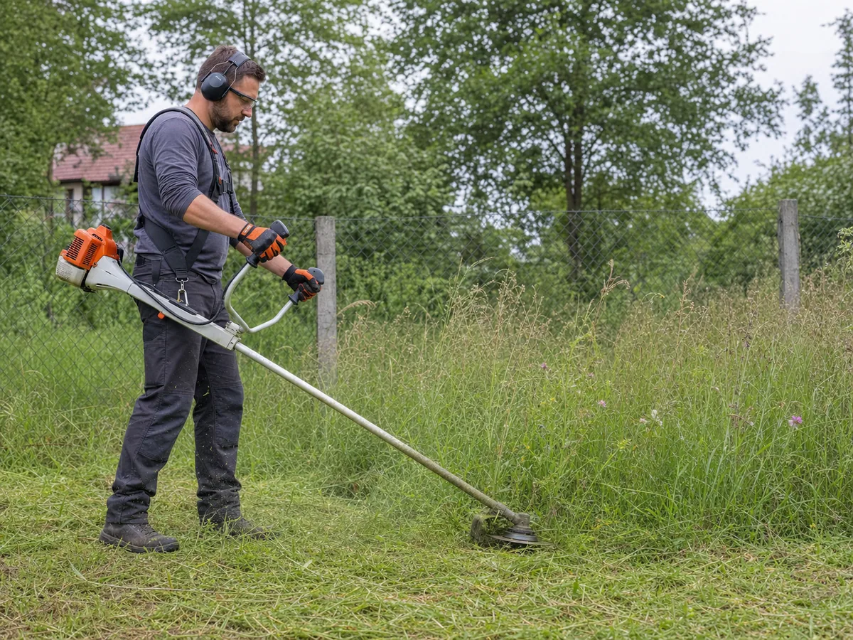 Kosa spalinowa podczas wykaszania wysokiej trawy