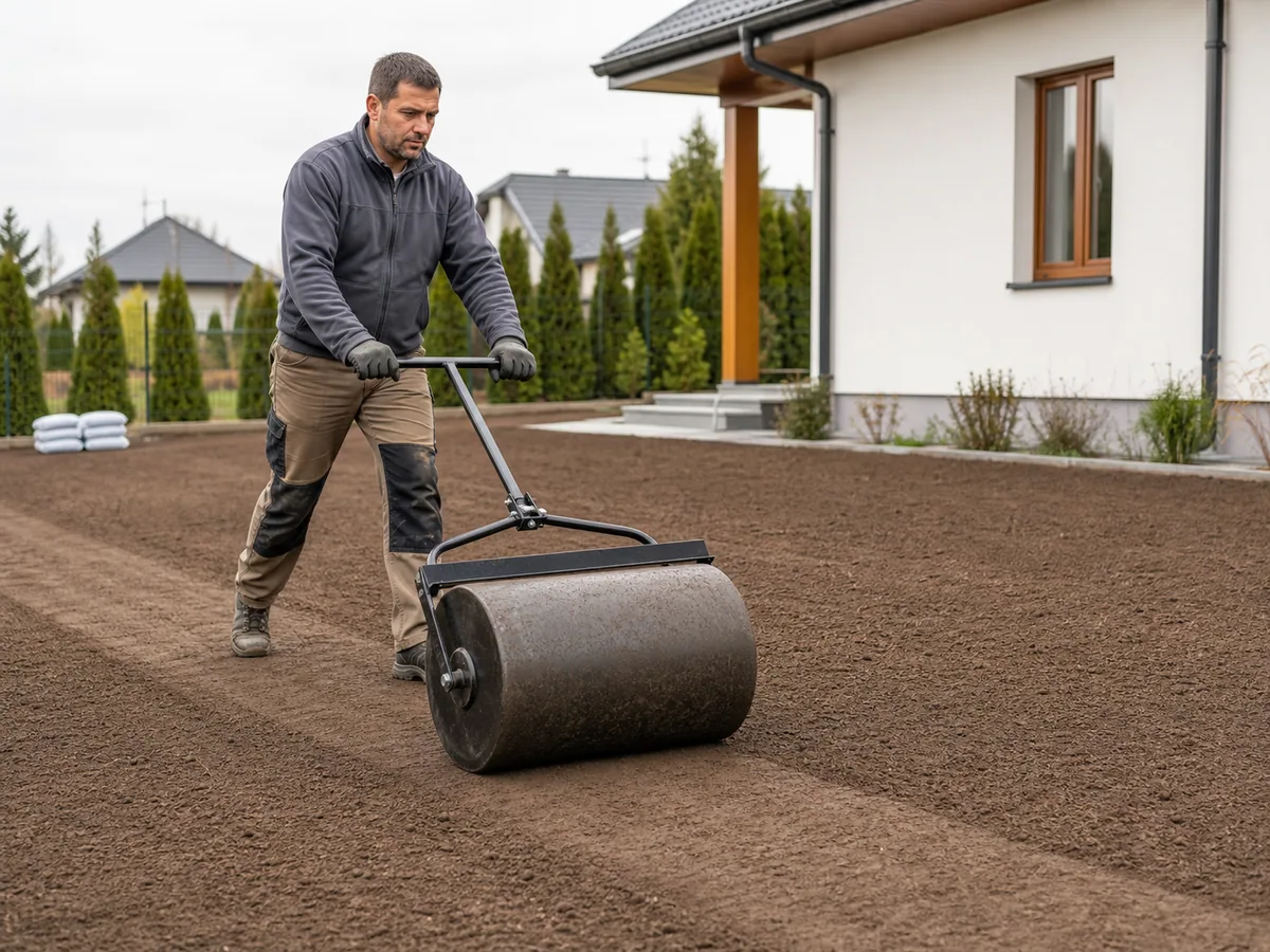 Walec ogrodowy podczas przygotowania podłoża pod trawnik