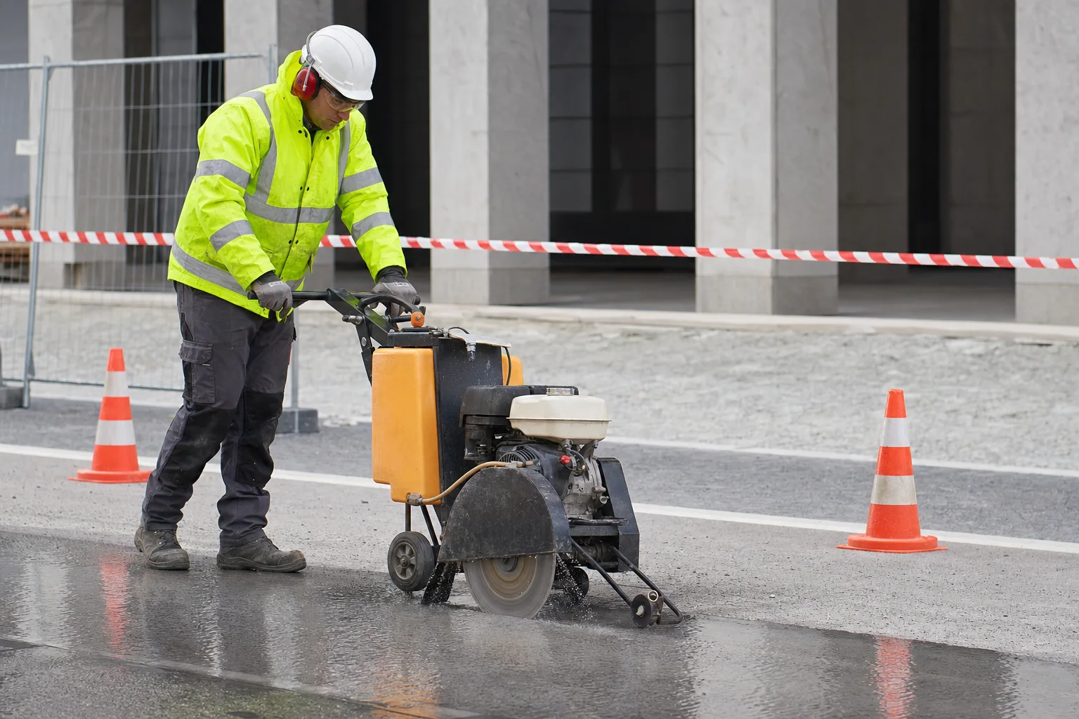 Przecinarka do betonu i asfaltu podczas wykonywania cięcia