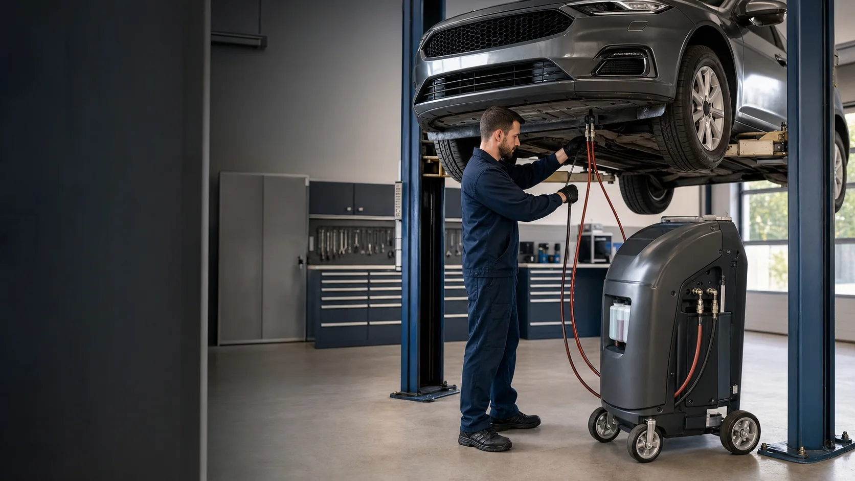 Mechanik przygotowujący dynamiczną wymianę oleju w skrzyni automatycznej w serwisie w Wyszkowie