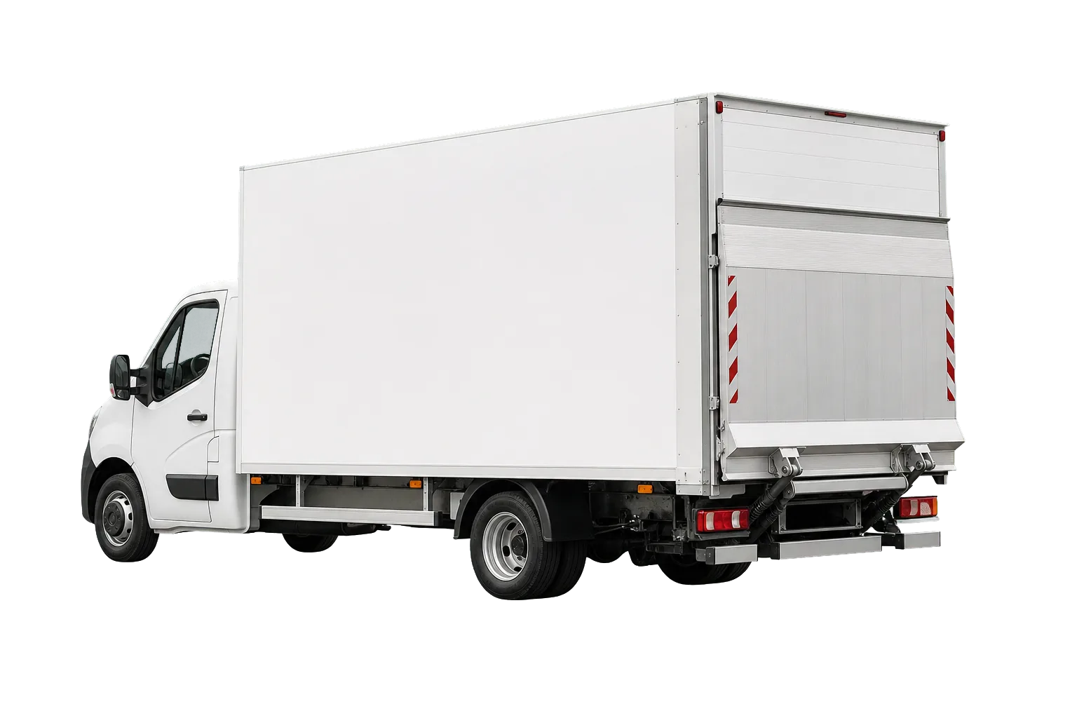 Poglądowa wizualizacja białego Renault Master z kontenerem 8-paletowym i windą załadowczą